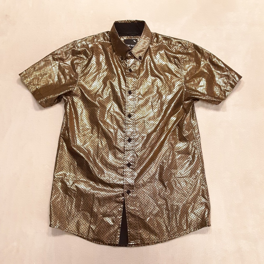 Stone Falcon Mens SS Button Shirt Small Gold Black Retro Disco Geometric Print